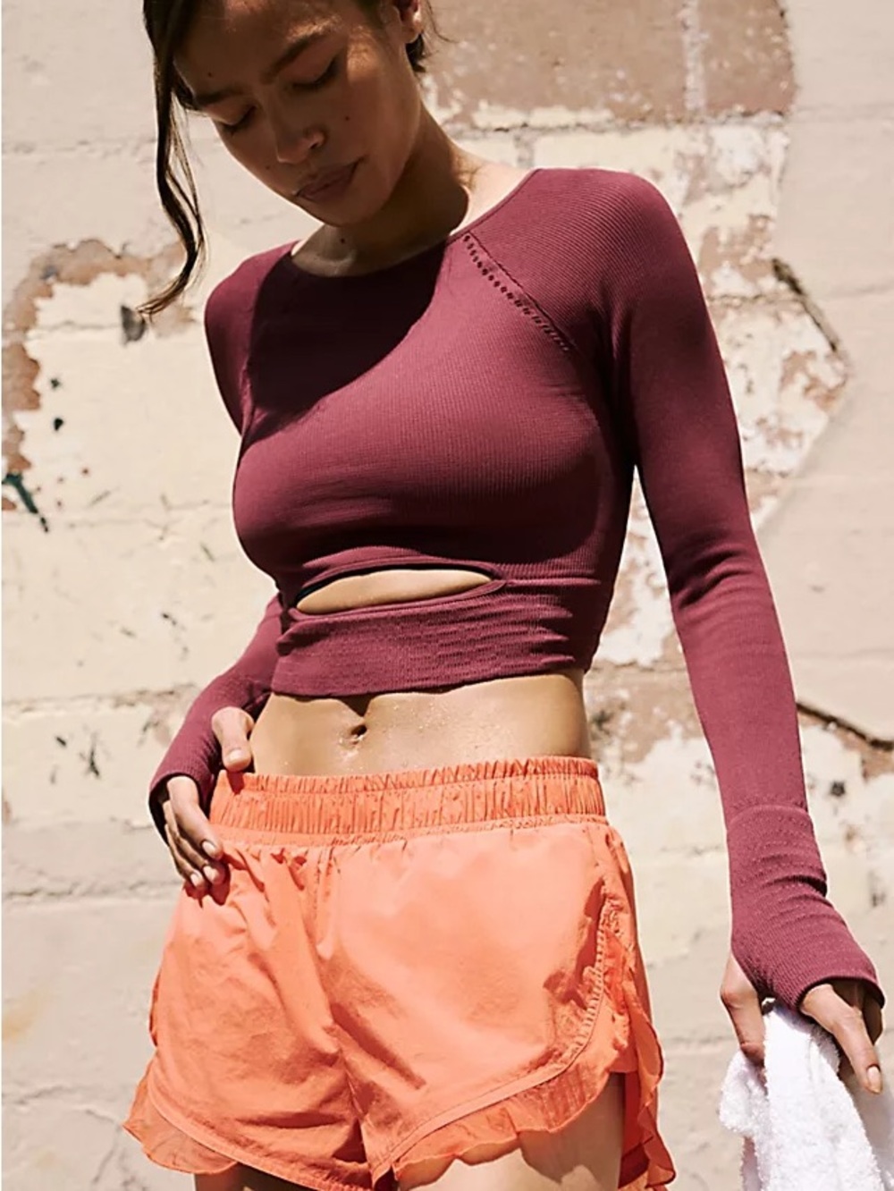 Free People Cut it Out Ribbed Long Sleeve Top - Burgundy